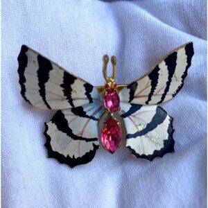 Vintage Butterfly Brooch Pink Rhinestones Enamel Wings Made in Czechoslovakia